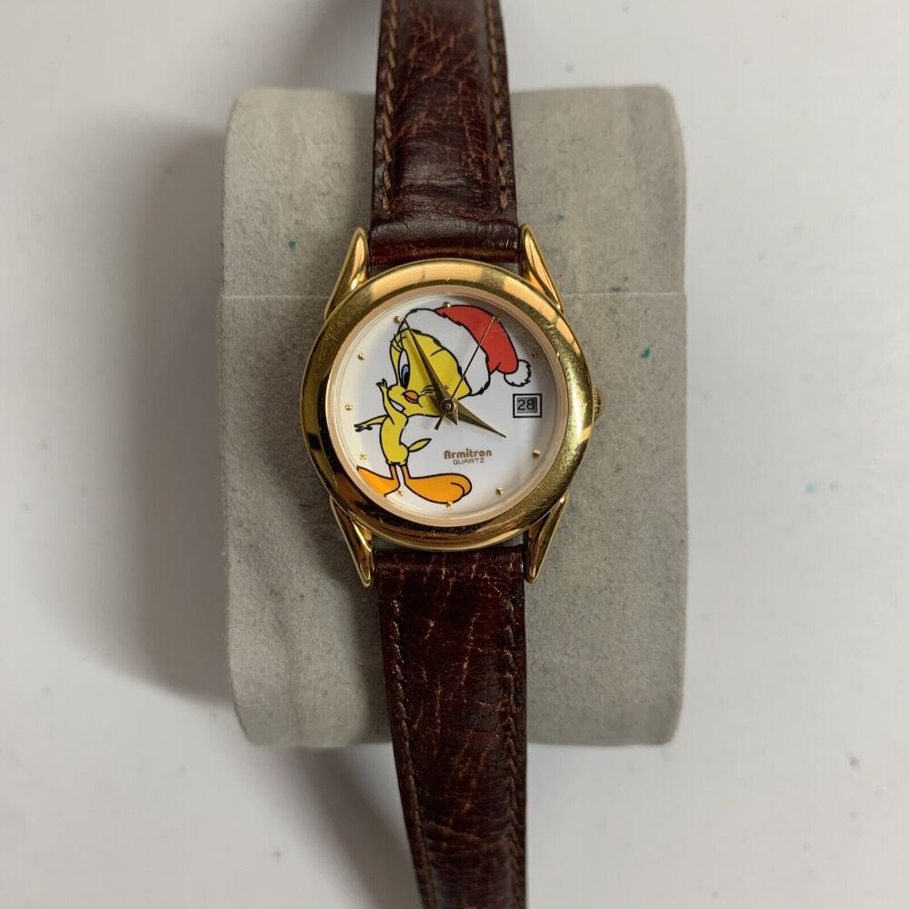 Vintage Armitron Tweety Bird Christmas Watch Women Gold Tone Brown Leather Band